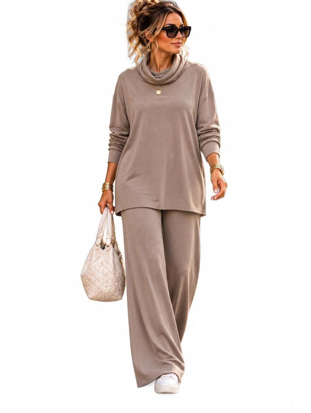 Cozy Taupe Lounge Set with Cowl Neck Top and Wide Leg Pants-Size XL